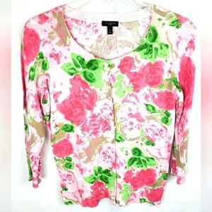 Talbot's Pink Floral 3/4 Length Sleeve  Button Down Sweater Sz Petite